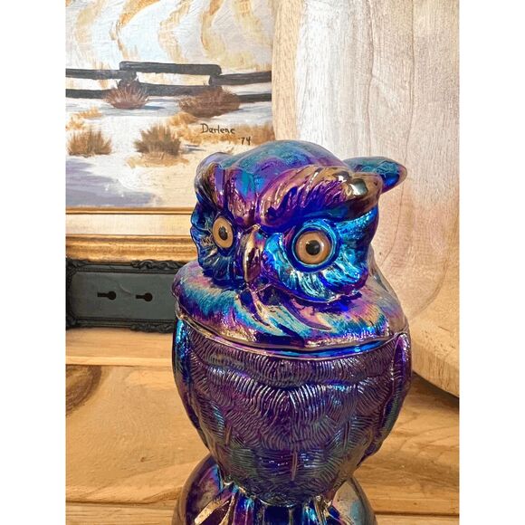 Vintage Owl Toby Jar Cobalt Blue Carnival Glass Imperial Glass Mould by Mosser G - Picture 7 of 7